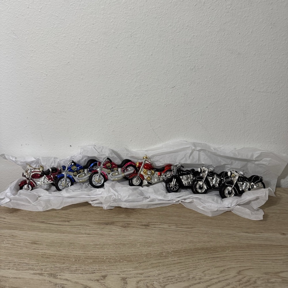 Blown Glass Motorcycle Christmas Ornament Set Of 7‎ Multicolor